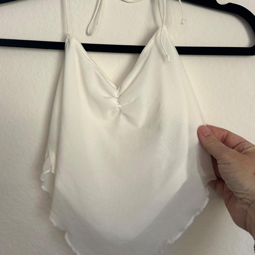 White Mesh Fairy Halter Top Women's Small Flowy Handkerchief Hem Open Tie Back - Picture 4 of 4